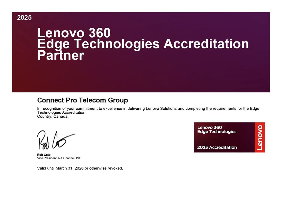 Lenovo 360 Edge Technologies Accreditation Partner certificate awarded to Connect Pro Telecom Group