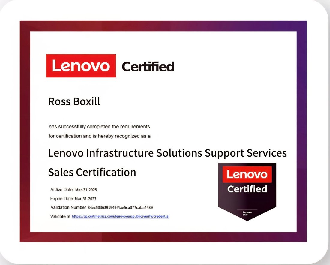 Lenovo Infrastructure Solutions Support Services Sales Certification issued to Ross Boxill